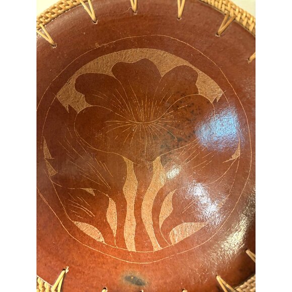 Beautiful 13" Terra Cotta Bowl with Woven Edge Trim, Flower Design  #2839 - Picture 2 of 5